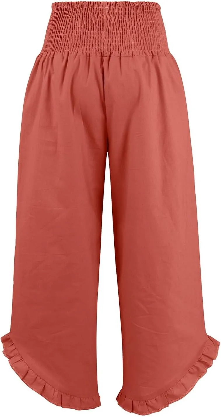 Women Linen Pants Summer Wide Leg Smocked Waist Ruffle Hem Palazzo Pant Boho Flowy Beach Trousers with Pocket