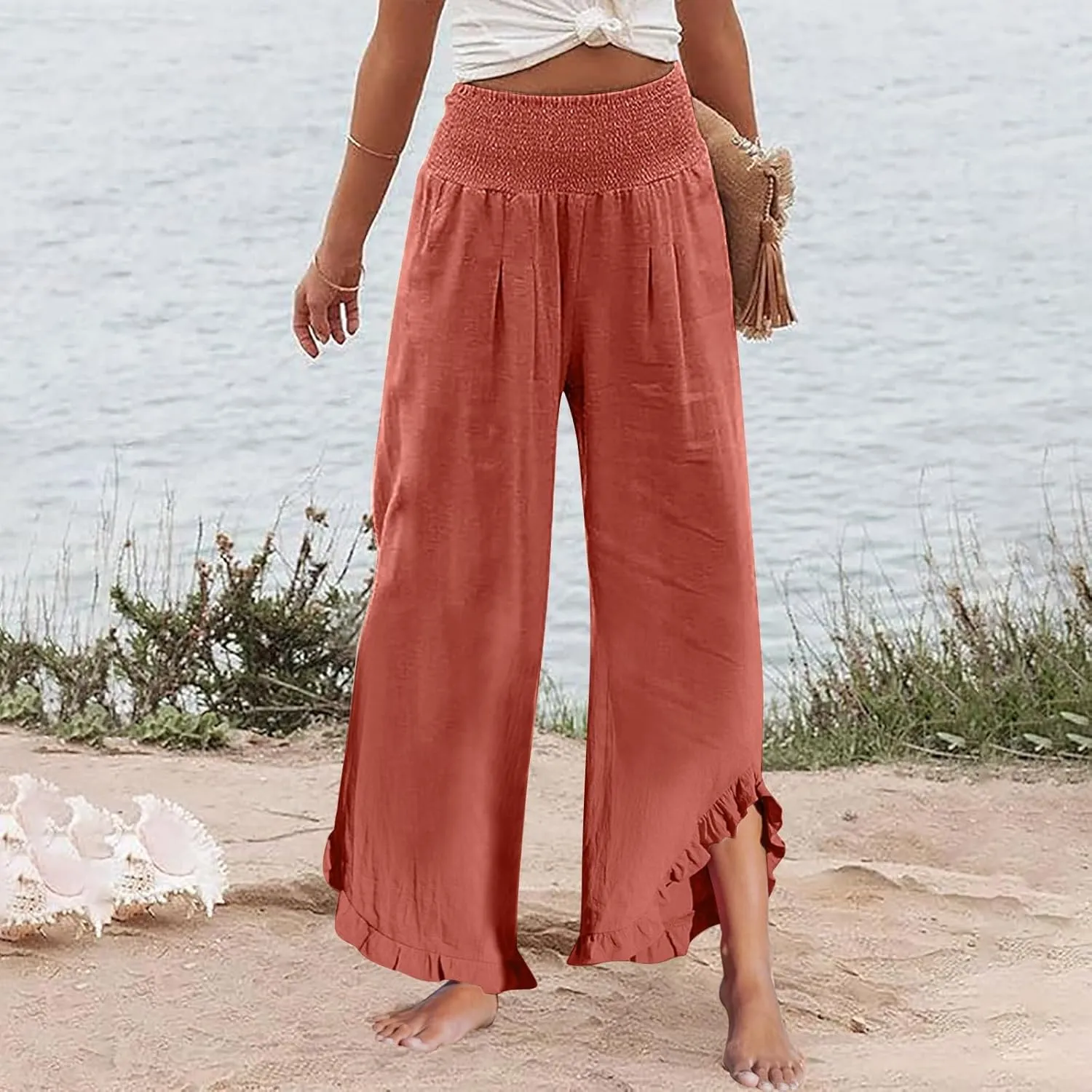 Women Linen Pants Summer Wide Leg Smocked Waist Ruffle Hem Palazzo Pant Boho Flowy Beach Trousers with Pocket