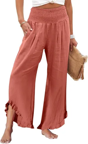 Women Linen Pants Summer Wide Leg Smocked Waist Ruffle Hem Palazzo Pant Boho Flowy Beach Trousers with Pocket