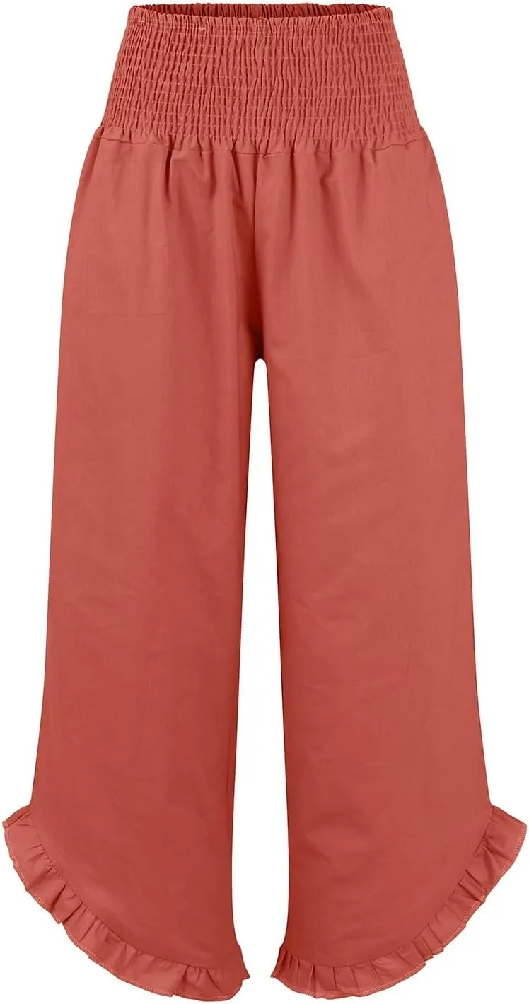 Women Linen Pants Summer Wide Leg Smocked Waist Ruffle Hem Palazzo Pant Boho Flowy Beach Trousers with Pocket