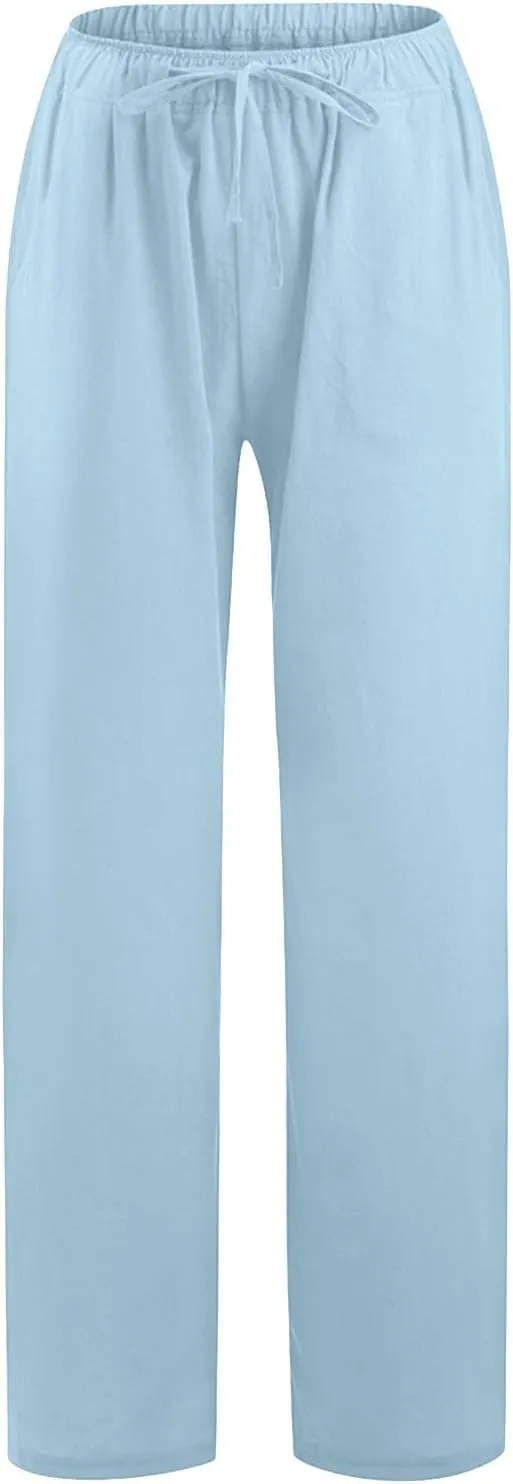 Women Linen Summer Y2K Fashion Pants Elastic Waist Wide Leg Loose Fit Palazzo Pants Office