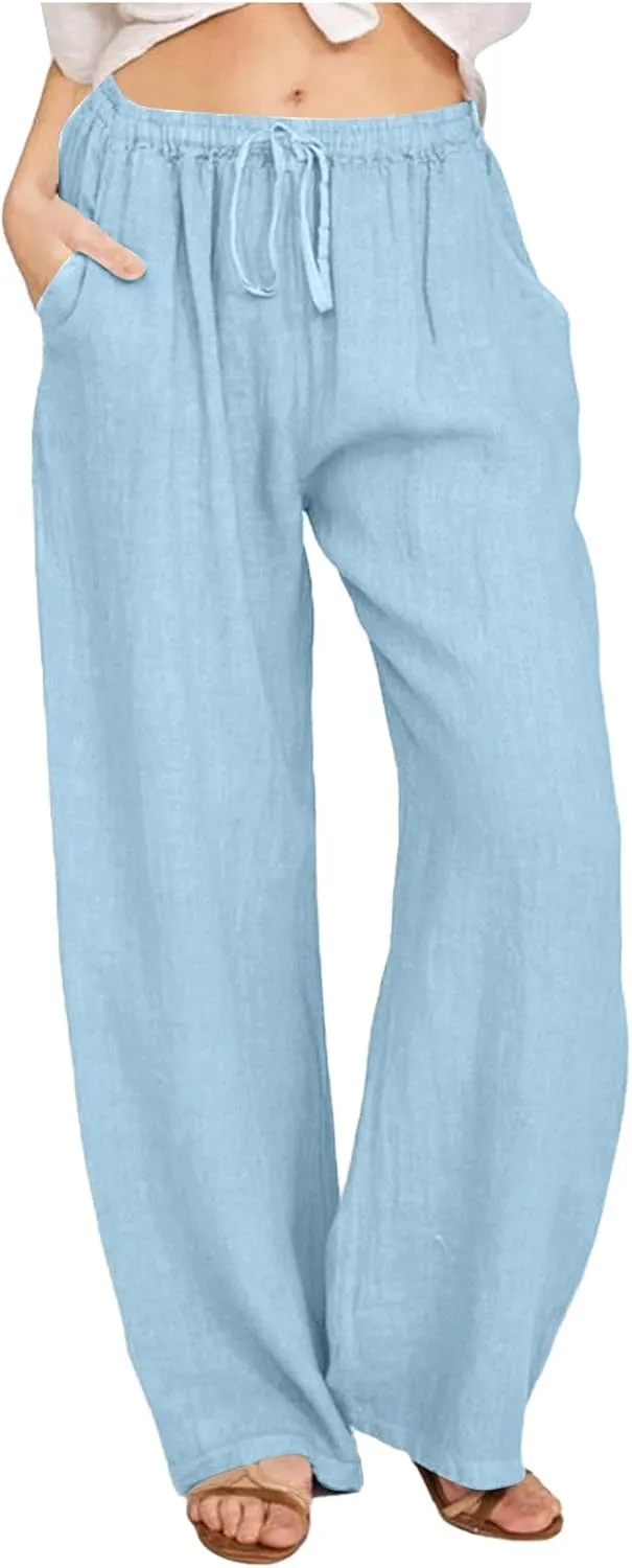 Women Linen Summer Y2K Fashion Pants Elastic Waist Wide Leg Loose Fit Palazzo Pants Office