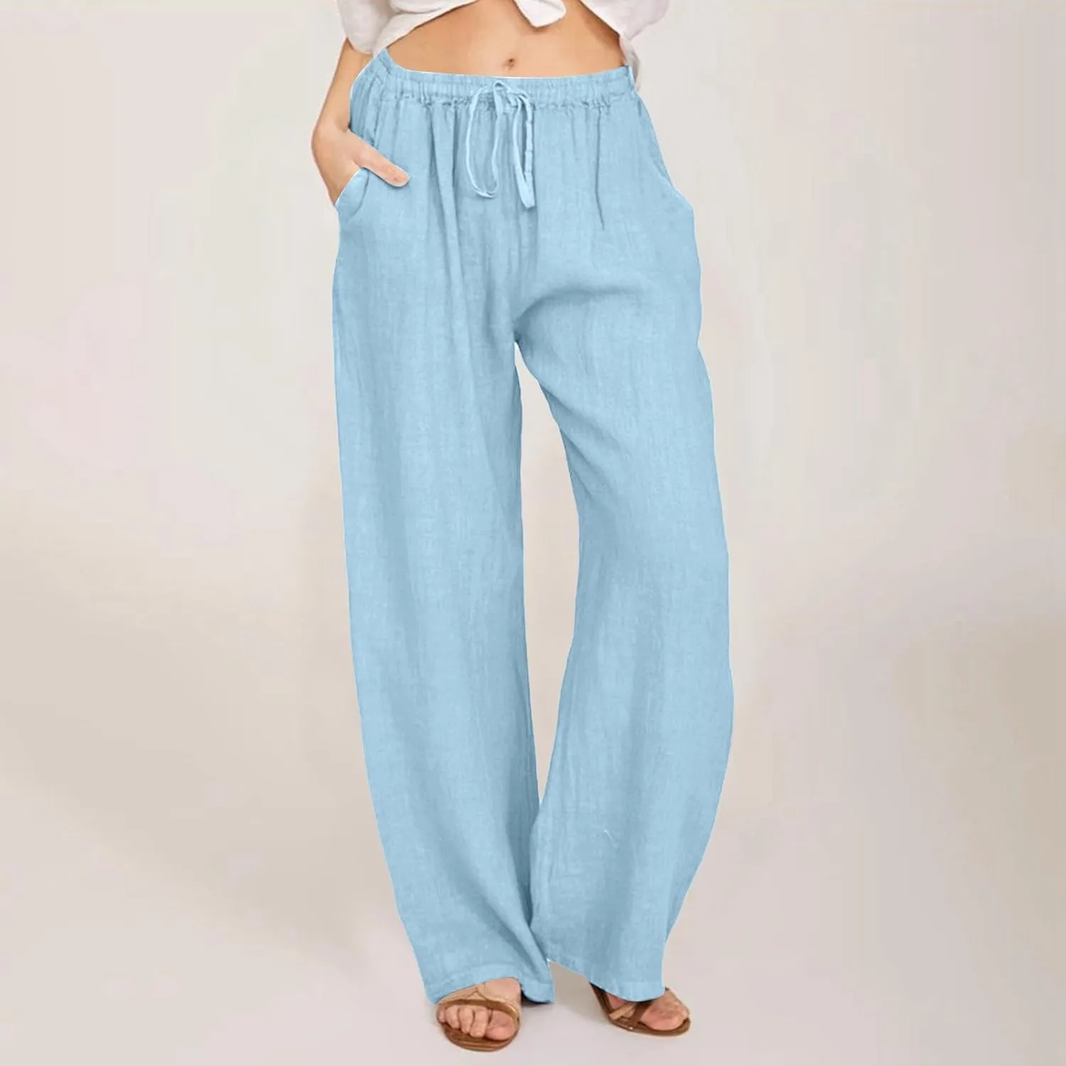 Women Linen Summer Y2K Fashion Pants Elastic Waist Wide Leg Loose Fit Palazzo Pants Office
