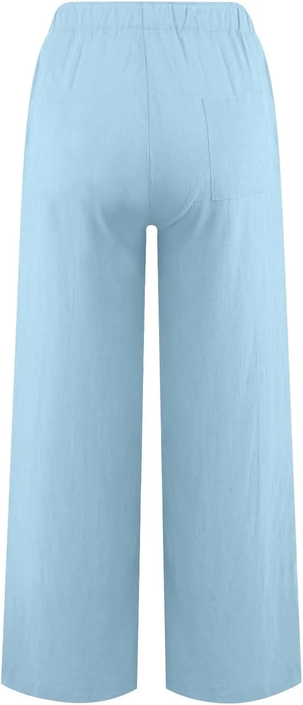 Women Linen Summer Y2K Fashion Pants Elastic Waist Wide Leg Loose Fit Palazzo Pants Office