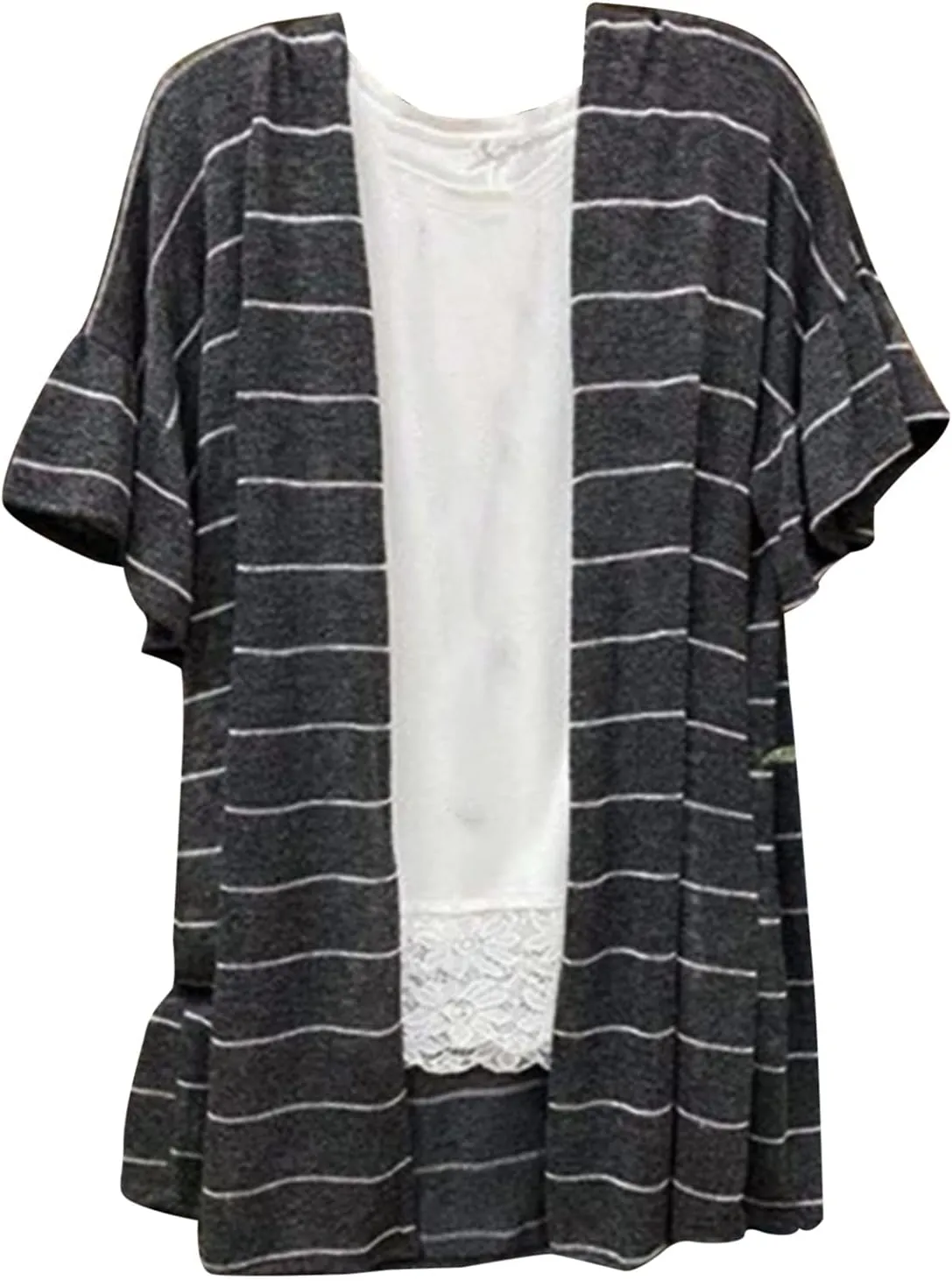 Women Long Cardigan Sleeve Blouse Striped Women's Loose Casual Short White Kimono Cardigans for, Black