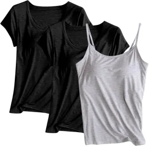 Women Modal Tank Tops 3 Pack with Built in Bras Yoga Athletic Camisole Top Comfy Lounge Camis Soft Cotton Undershirts