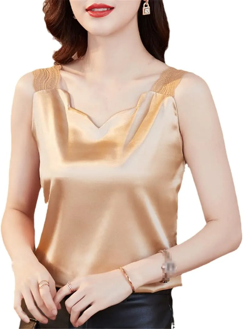 Women Silk Camisole Tops Satin Halter Top Lace V-Neck Sexy Tank Tops