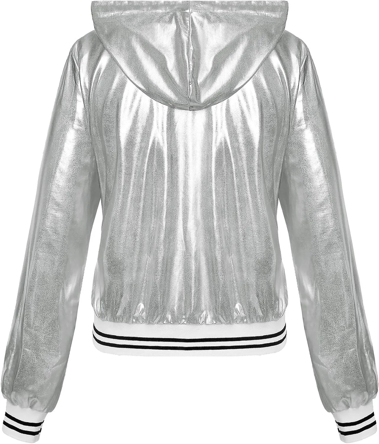 Women Silver Metallic Holographic Glitter Jacket Sparkly Zipper Hooded Concert Rave Party Bomber Jackets with Pocket