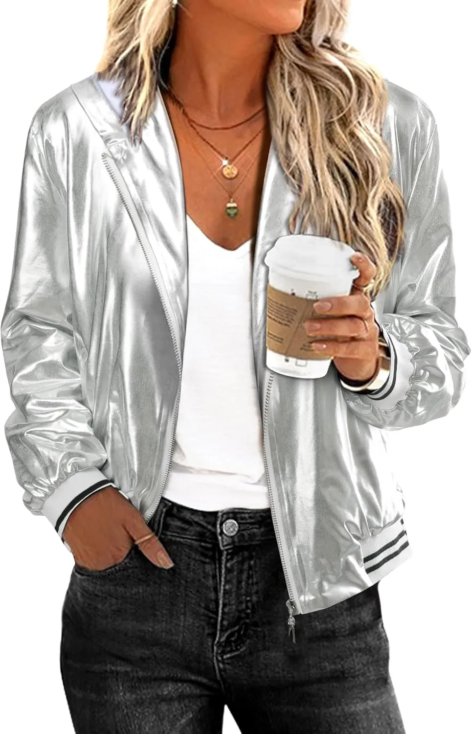 Women Silver Metallic Holographic Glitter Jacket Sparkly Zipper Hooded Concert Rave Party Bomber Jackets with Pocket