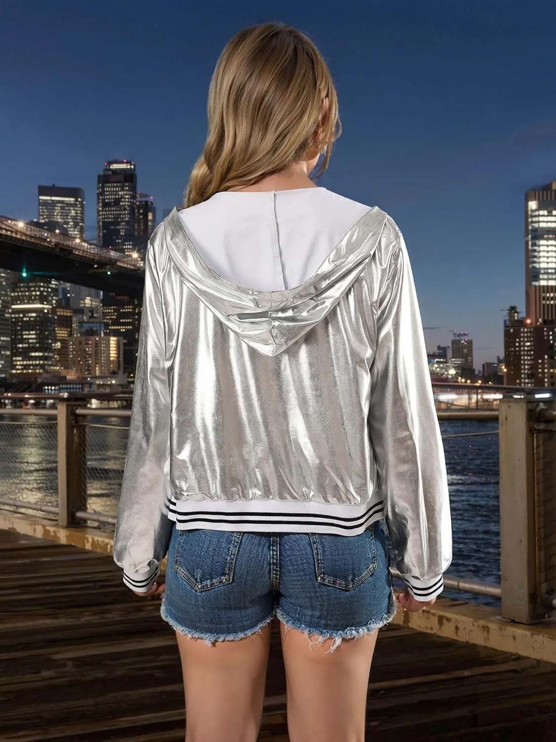 Women Silver Metallic Holographic Glitter Jacket Sparkly Zipper Hooded Concert Rave Party Bomber Jackets with Pocket