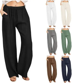 Women Summer Casual Cotton Linen Palazzo Pants Wide Leg Lounge Pant Long Trouser with Pocket Beach Vacation Outfits