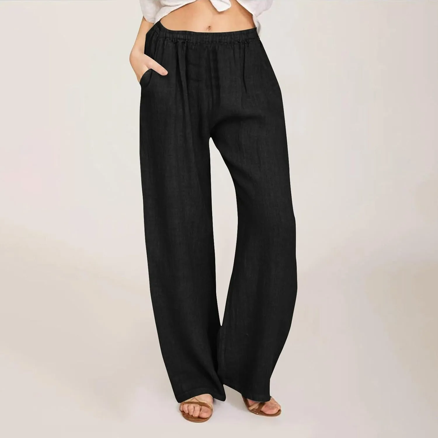 Women Summer Casual Cotton Linen Palazzo Pants Wide Leg Lounge Pant Long Trouser with Pocket Beach Vacation Outfits