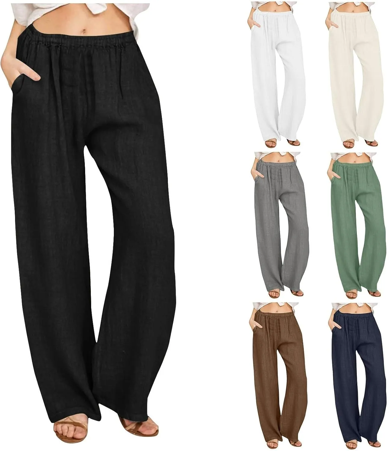 Women Summer Casual Cotton Linen Palazzo Pants Wide Leg Lounge Pant Long Trouser with Pocket Beach Vacation Outfits