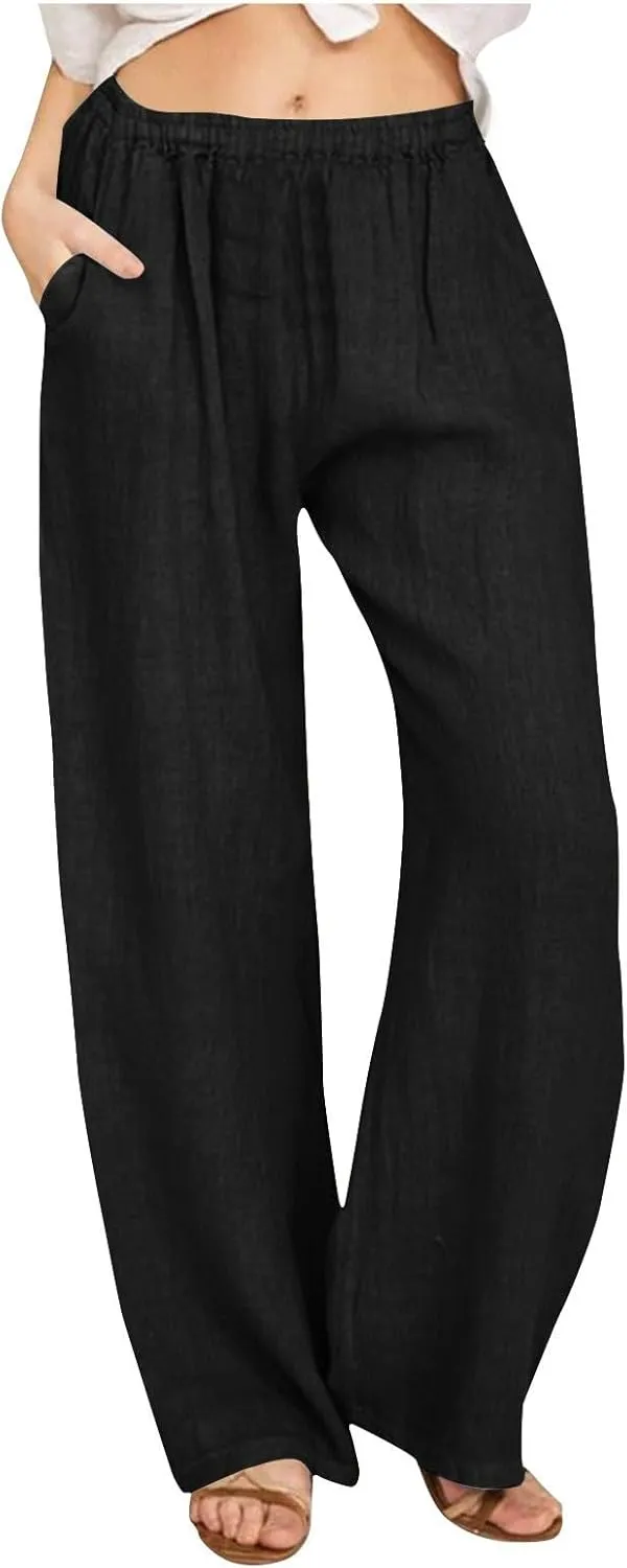 Women Summer Casual Cotton Linen Palazzo Pants Wide Leg Lounge Pant Long Trouser with Pocket Beach Vacation Outfits