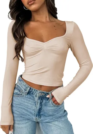 Women Sweetheart Neckline Basic Fitted Tops Long Sleeve Going Out Crop Tops Ruched T Shirts