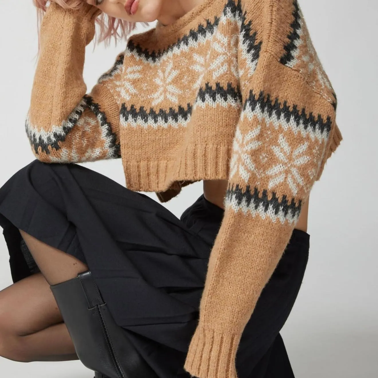 Women Y2K Knitted Crop Tops Color Block Patchwork Sweaters Long Sleeve Crochet Coverup Trendy Autumn Streetwear