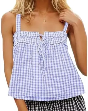 Women Y2k Plaid Cami Tank Top Sleeveless Spaghetti Strap Tie Front Camisole Summer Vintage Vest Streetwear
