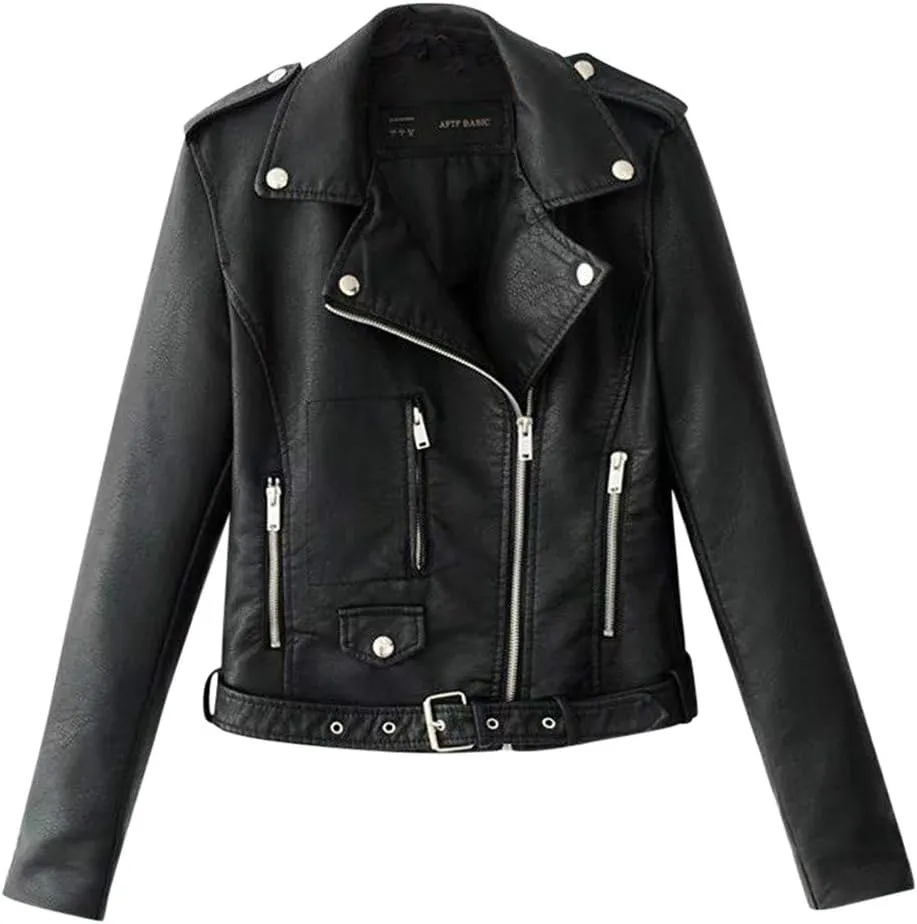 Women's 2023 Fall Faux Leather Biker Motorcycle Jacket Fashion Plus Size Long Sleeve Zipper Slim Fit Short Casual Coat