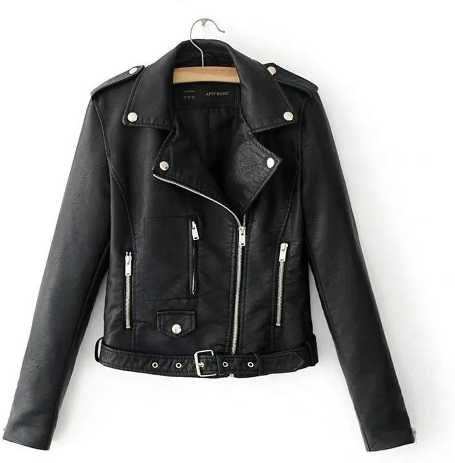 Women's 2023 Fall Faux Leather Biker Motorcycle Jacket Fashion Plus Size Long Sleeve Zipper Slim Fit Short Casual Coat