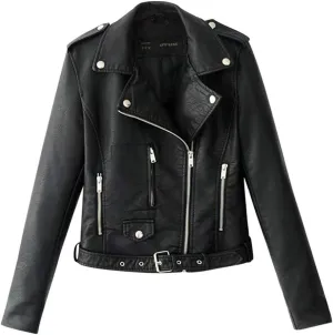 Women's 2023 Fall Faux Leather Biker Motorcycle Jacket Fashion Plus Size Long Sleeve Zipper Slim Fit Short Casual Coat