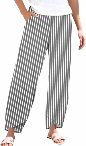Women's Casual Boho Striped Graphic Cotton Linen High Waisted Cropped Pants Summer Beach Vacation Trendy Trousers