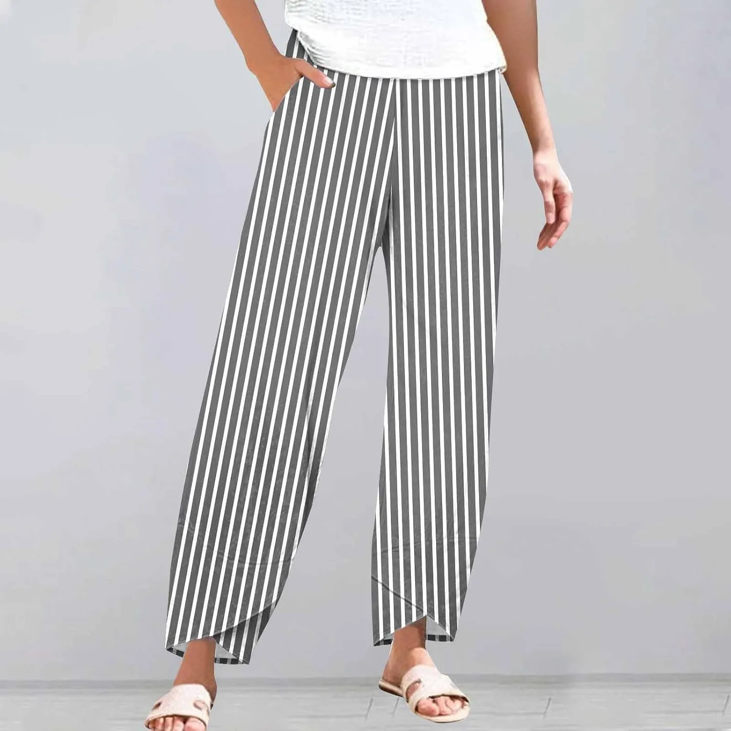 Women's Casual Boho Striped Graphic Cotton Linen High Waisted Cropped Pants Summer Beach Vacation Trendy Trousers