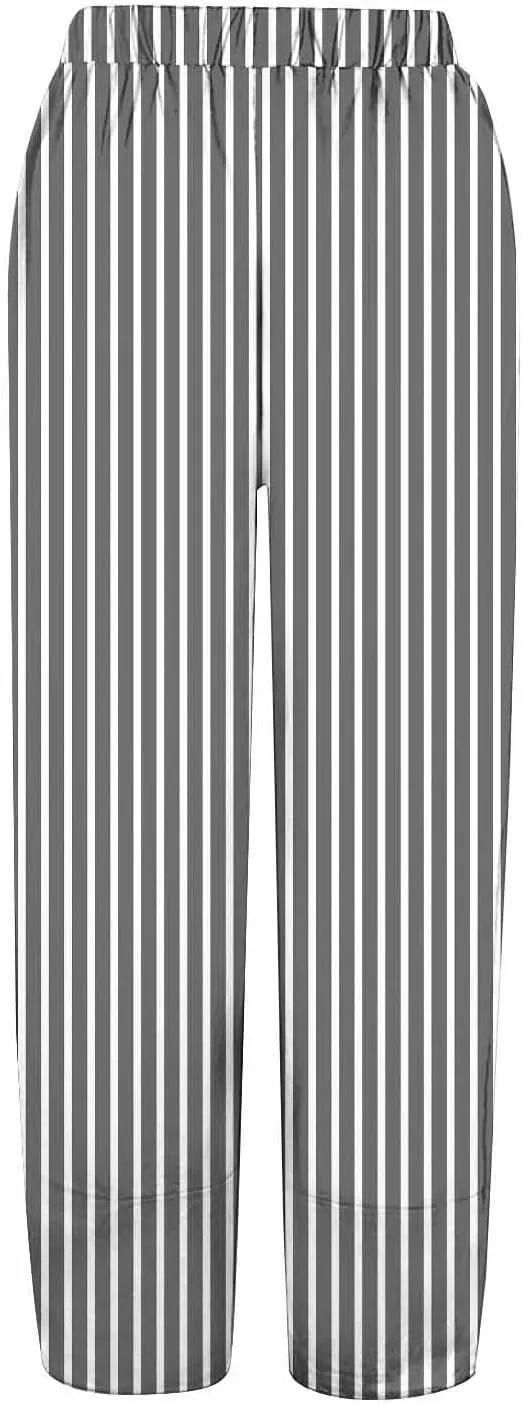 Women's Casual Boho Striped Graphic Cotton Linen High Waisted Cropped Pants Summer Beach Vacation Trendy Trousers