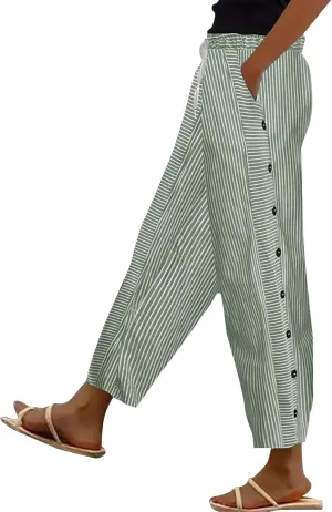 Women's Casual Linen Pants Striped Side Button Elastic Waist Trendy Pants Straight Leg Baggy Trousers with Pockets