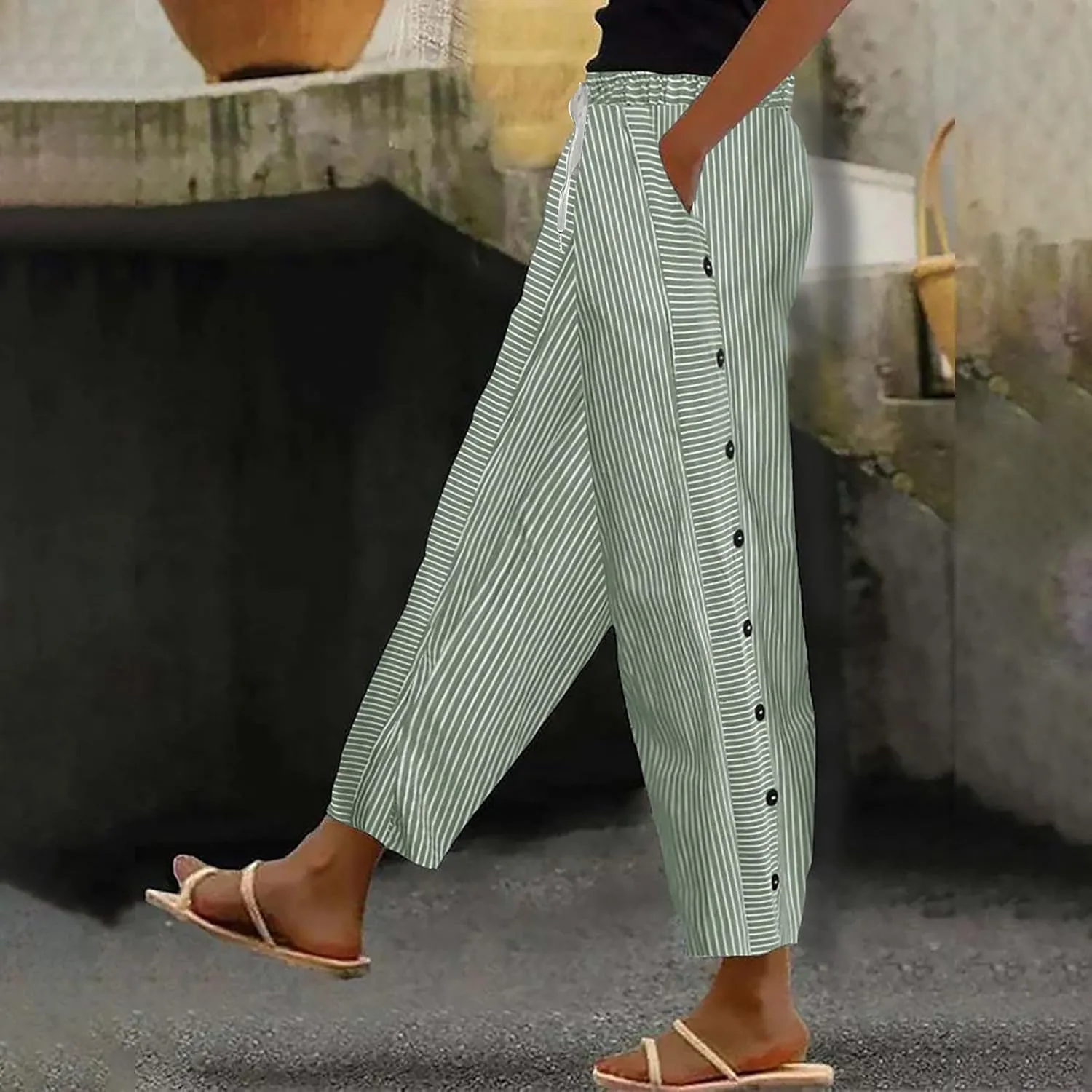 Women's Casual Linen Pants Striped Side Button Elastic Waist Trendy Pants Straight Leg Baggy Trousers with Pockets