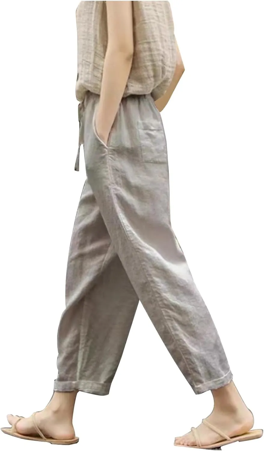 Womens Casual Linen Pants Summer Drawstring Solid Color High Waisted Pants Loose Beach Trousers with Pockets 2025