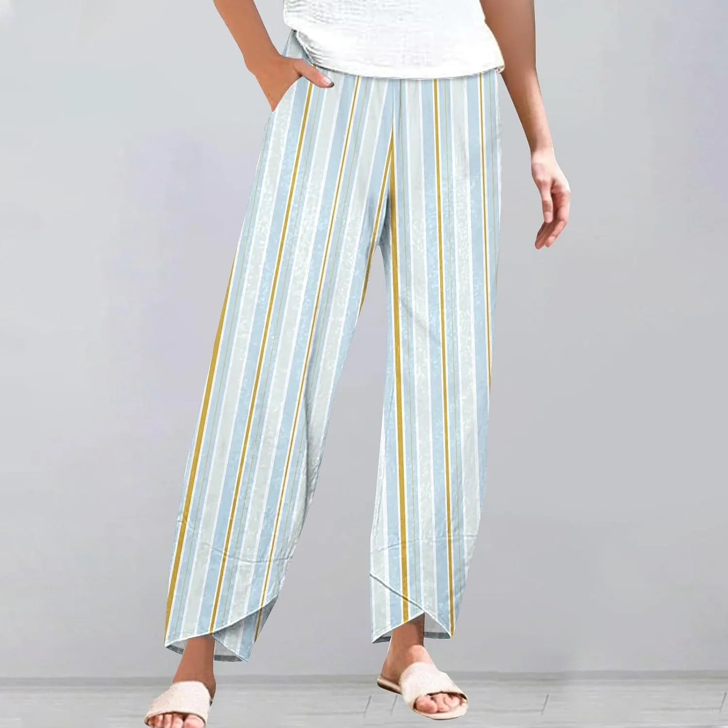 Women's Casual Striped Graphic Cotton Linen High Waisted Cropped Pants Summer Beach Boho Vacation Trendy Trousers