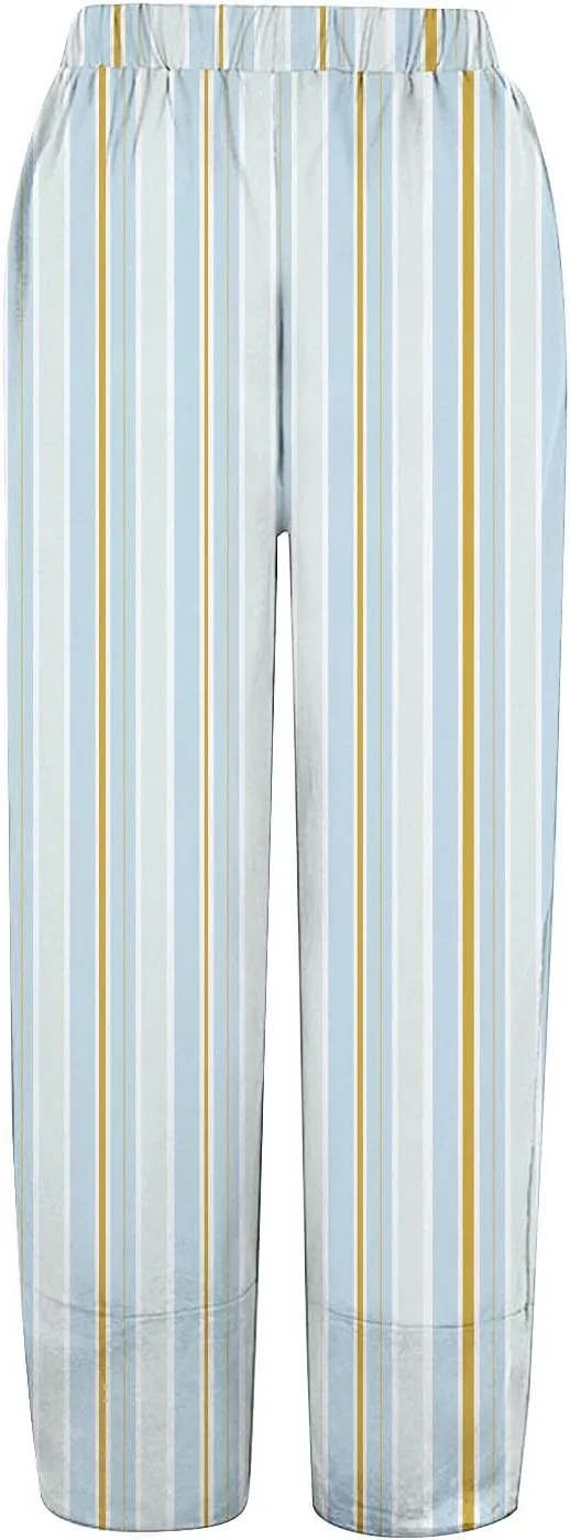 Women's Casual Striped Graphic Cotton Linen High Waisted Cropped Pants Summer Beach Boho Vacation Trendy Trousers