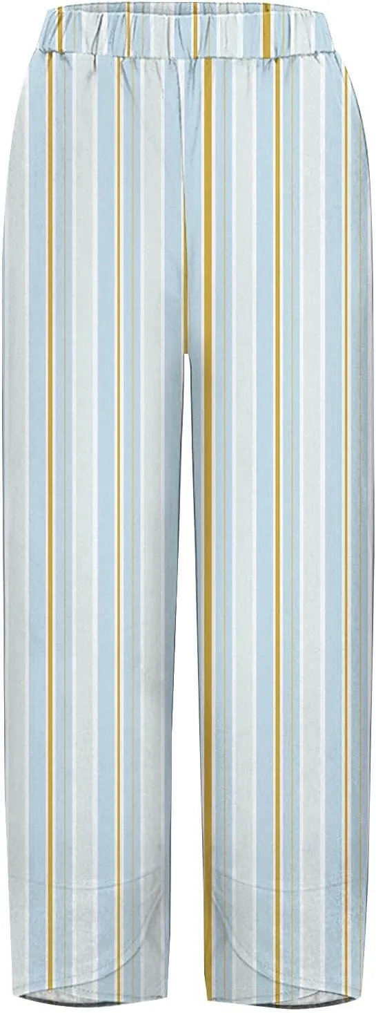 Women's Casual Striped Graphic Cotton Linen High Waisted Cropped Pants Summer Beach Boho Vacation Trendy Trousers