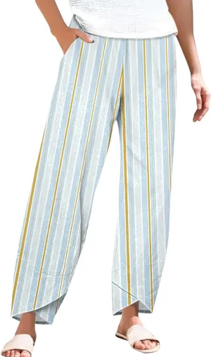 Women's Casual Striped Graphic Cotton Linen High Waisted Cropped Pants Summer Beach Boho Vacation Trendy Trousers