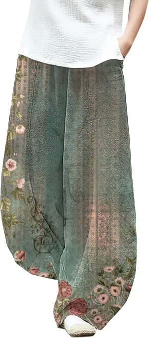 Womens Clothes Summer Outfits for Women Leg Pants Waist Elastic Relax Fit Trouser with Pockets Linen Pants Set Women