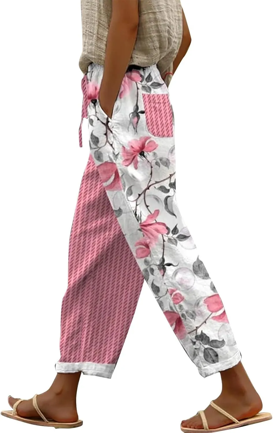 Women's Cotton Linen Pants Cute Boho Floral Print Elastic Waisted Drawstring Summer Beach Baggy Capri with Pockets
