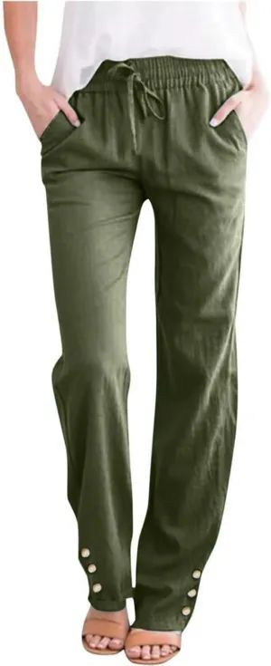 Womens Cotton Linen Pants Summer Casual Loose Trousers with Pockets Drawstring Button Wide Leg Pants for Women