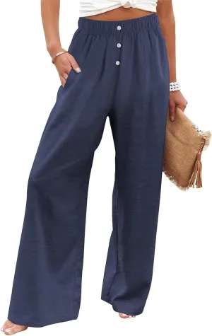Womens Cotton Linen Pants Wide Leg High Waist Button Trousers Summer Casual Loose Straight Leg Pants for Women