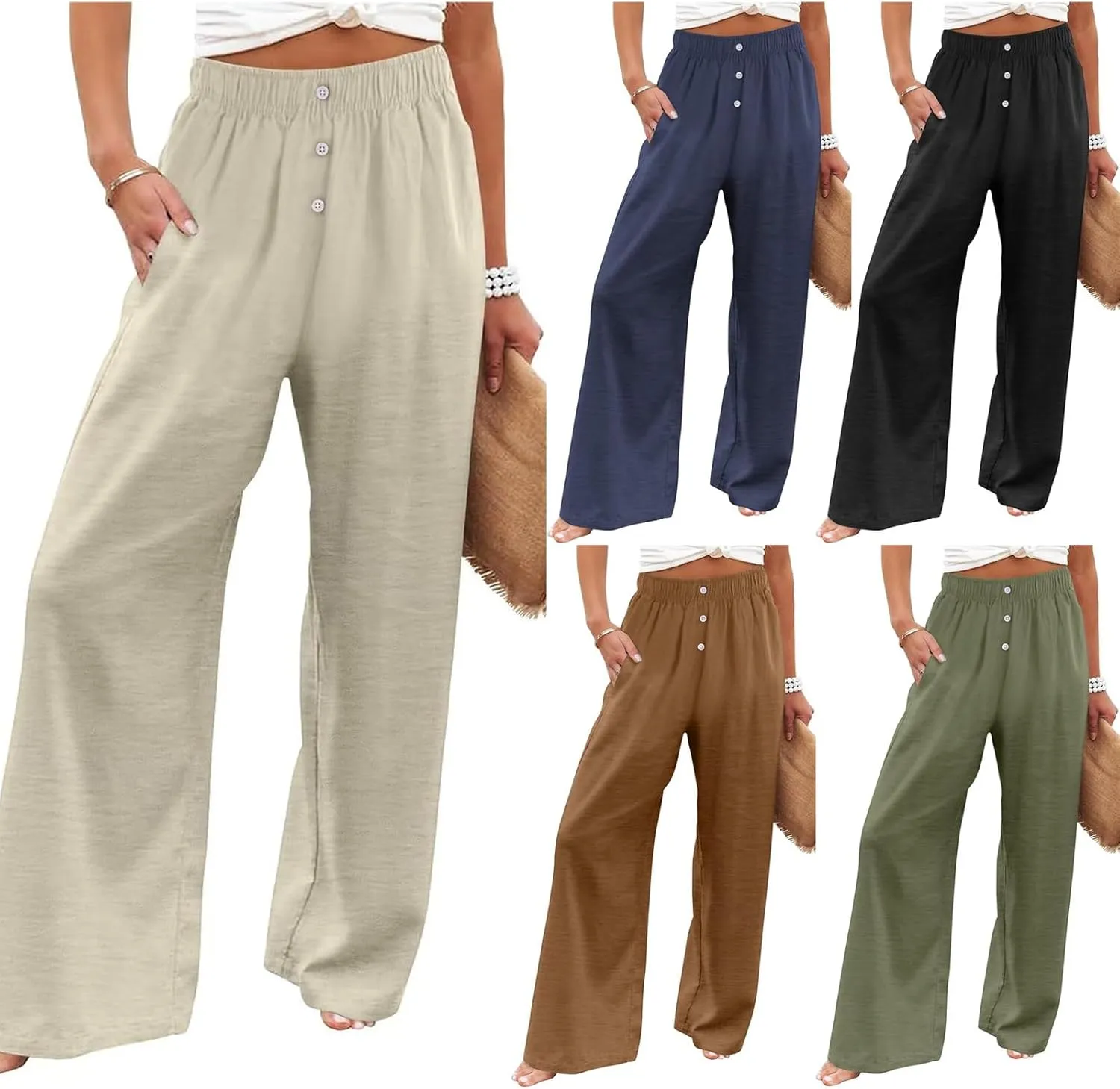 Womens Cotton Linen Pants Wide Leg High Waist Button Trousers Summer Casual Loose Straight Leg Pants for Women