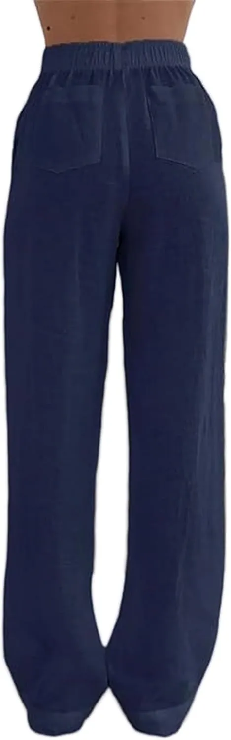 Womens Cotton Linen Pants Wide Leg High Waist Button Trousers Summer Casual Loose Straight Leg Pants for Women