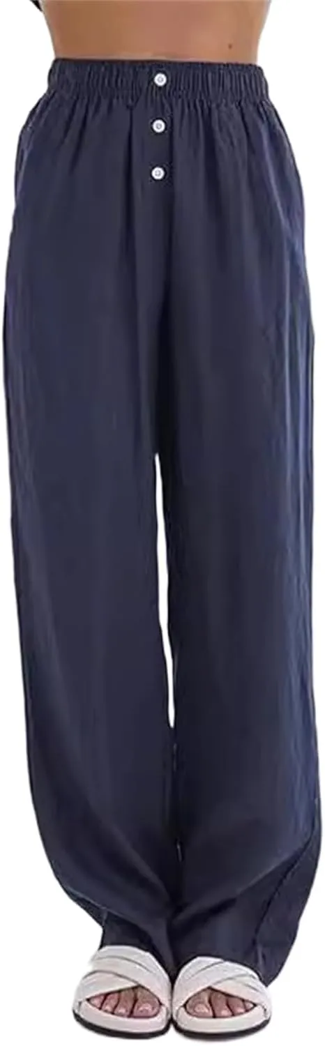 Womens Cotton Linen Pants Wide Leg High Waist Button Trousers Summer Casual Loose Straight Leg Pants for Women