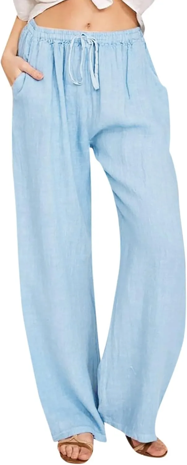 Women's Cotton Linen Pants,Summer Wide Leg Casual Loose Drawstring High Waist Palazzo Pants with Pockets