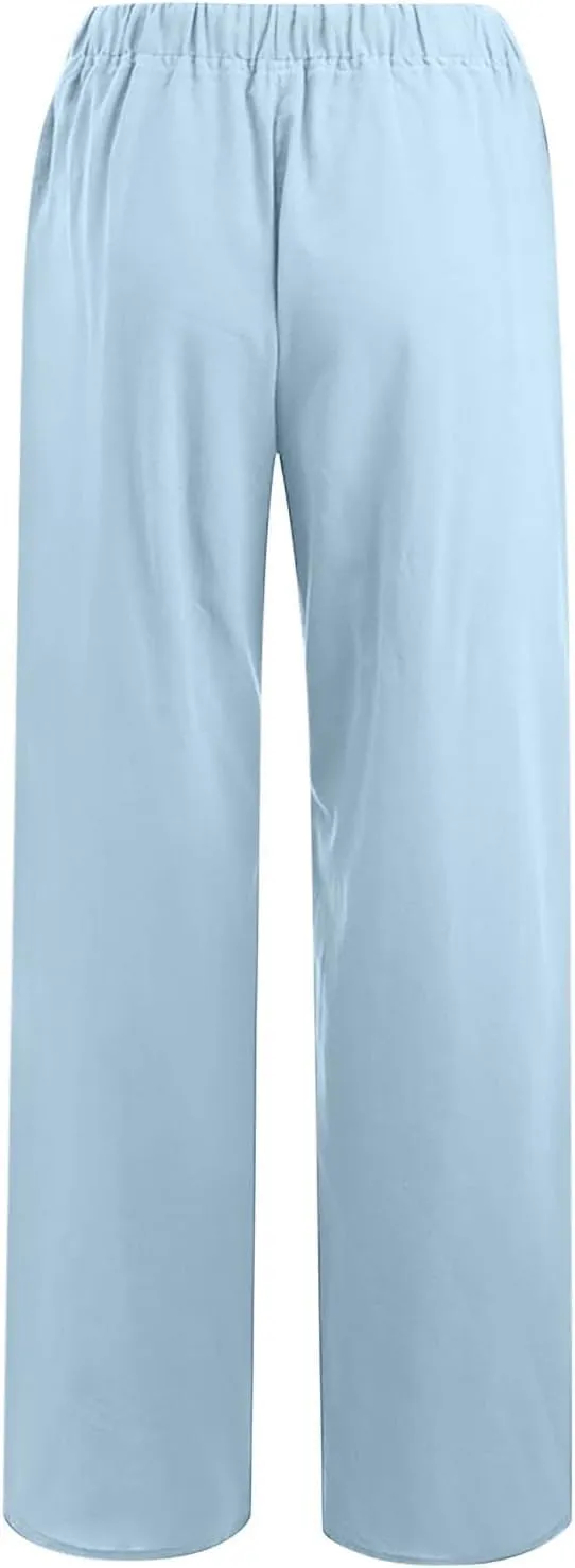 Women's Cotton Linen Pants,Summer Wide Leg Casual Loose Drawstring High Waist Palazzo Pants with Pockets