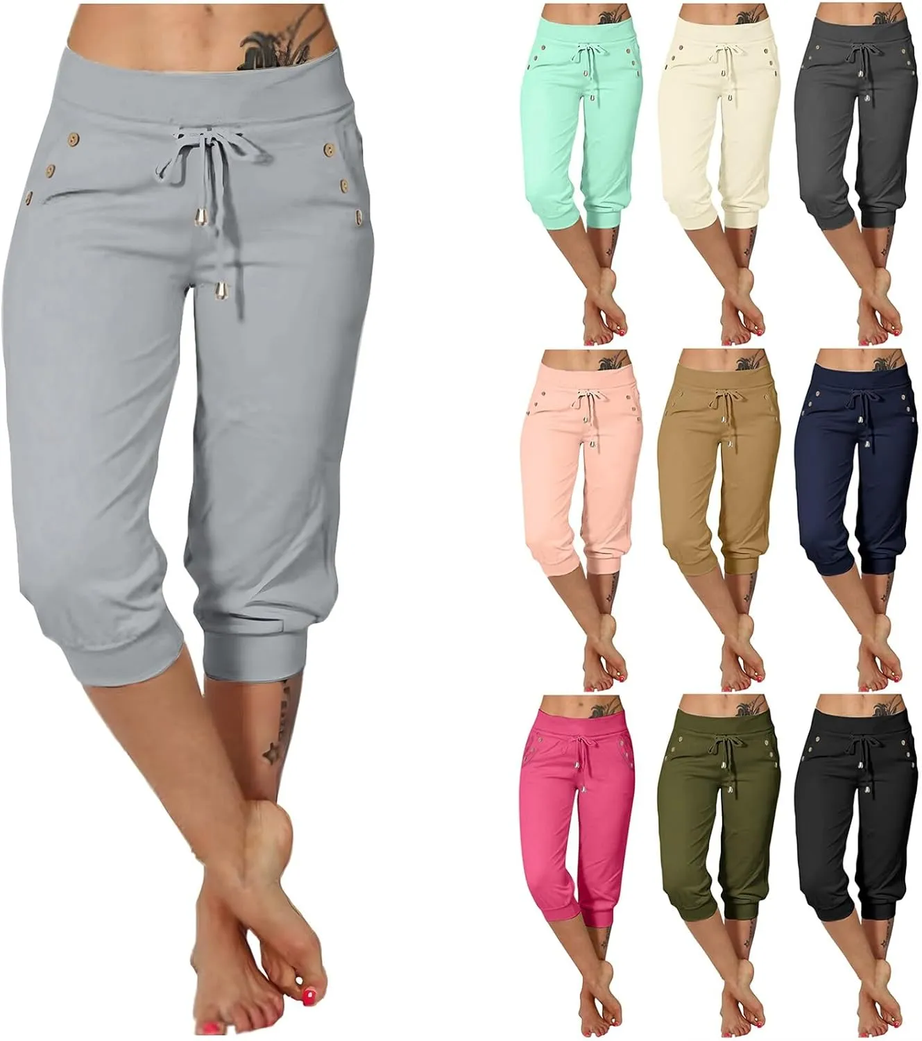 Women's Cotton Linen Summer Casual Palazzo Pants Elastic Waisted Wide Leg Plus Size Trousers Work Business