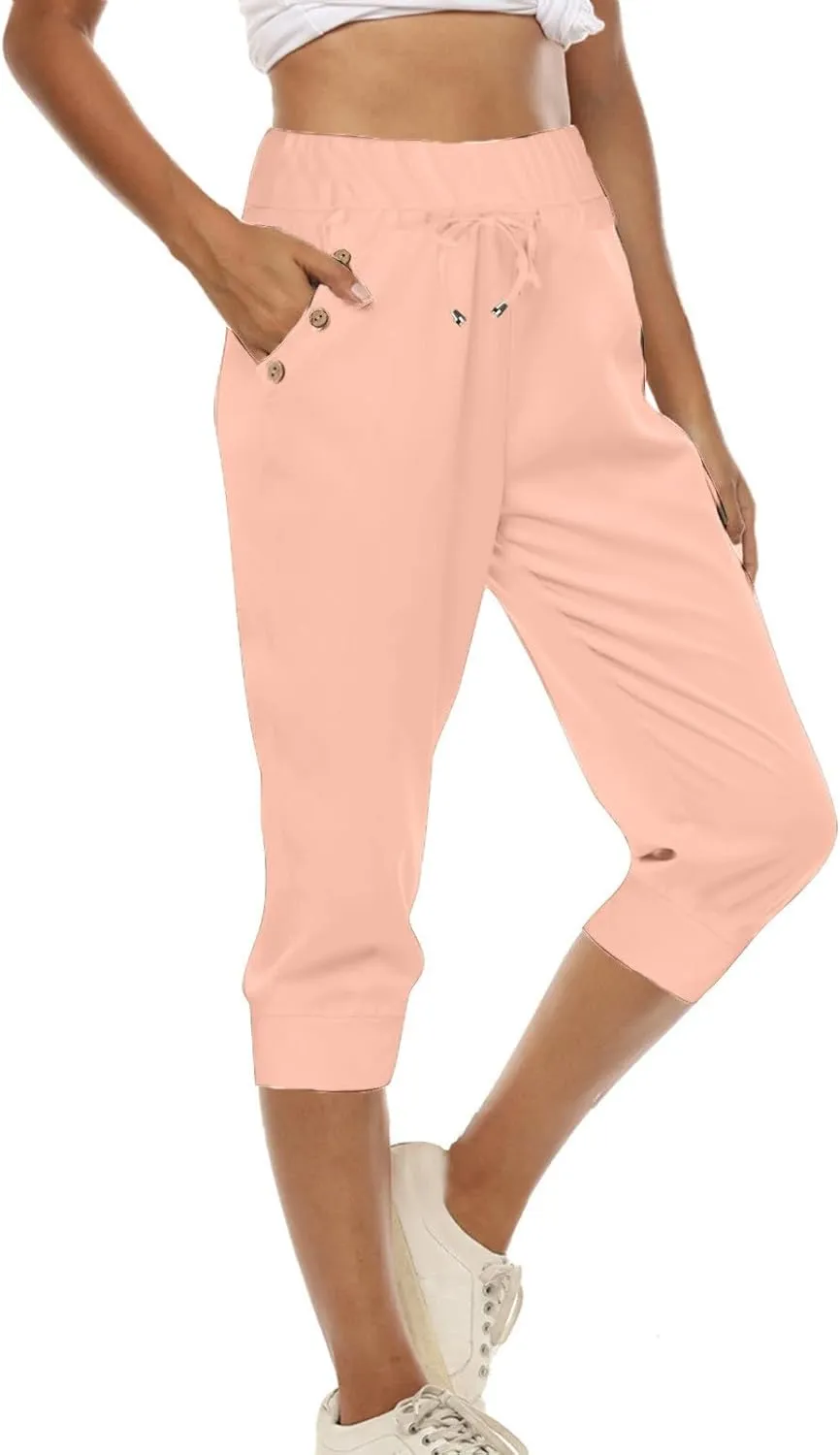 Women's Cotton Linen Summer Casual Palazzo Pants Elastic Waisted Wide Leg Plus Size Trousers Work Business