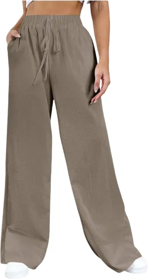 Womens Cotton Linen Trousers High Waisted Drawstring Wide Leg Pants with Pockets Casual Loose Sweatpants for Women