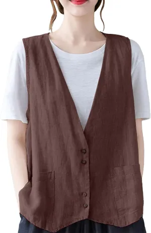 Womens Cotton Linen Vest Casual Loose V Neck Sleeveless Vests With Pockets Summer Clothing