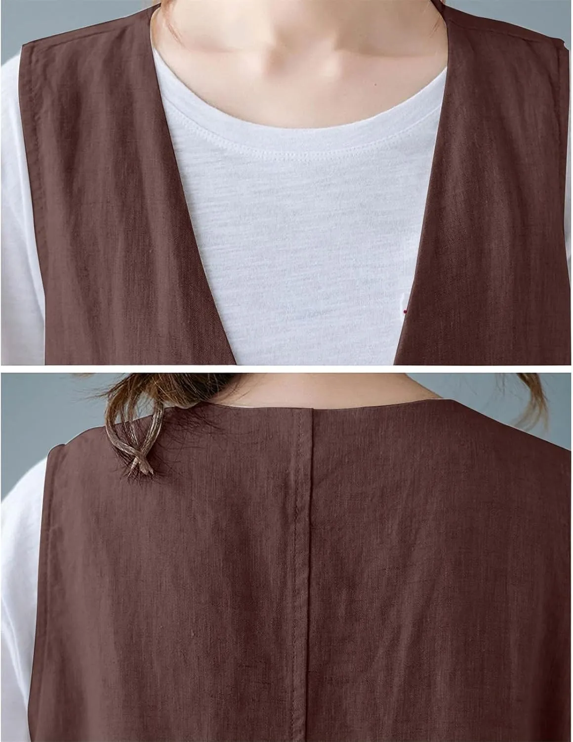 Womens Cotton Linen Vest Casual Loose V Neck Sleeveless Vests With Pockets Summer Clothing