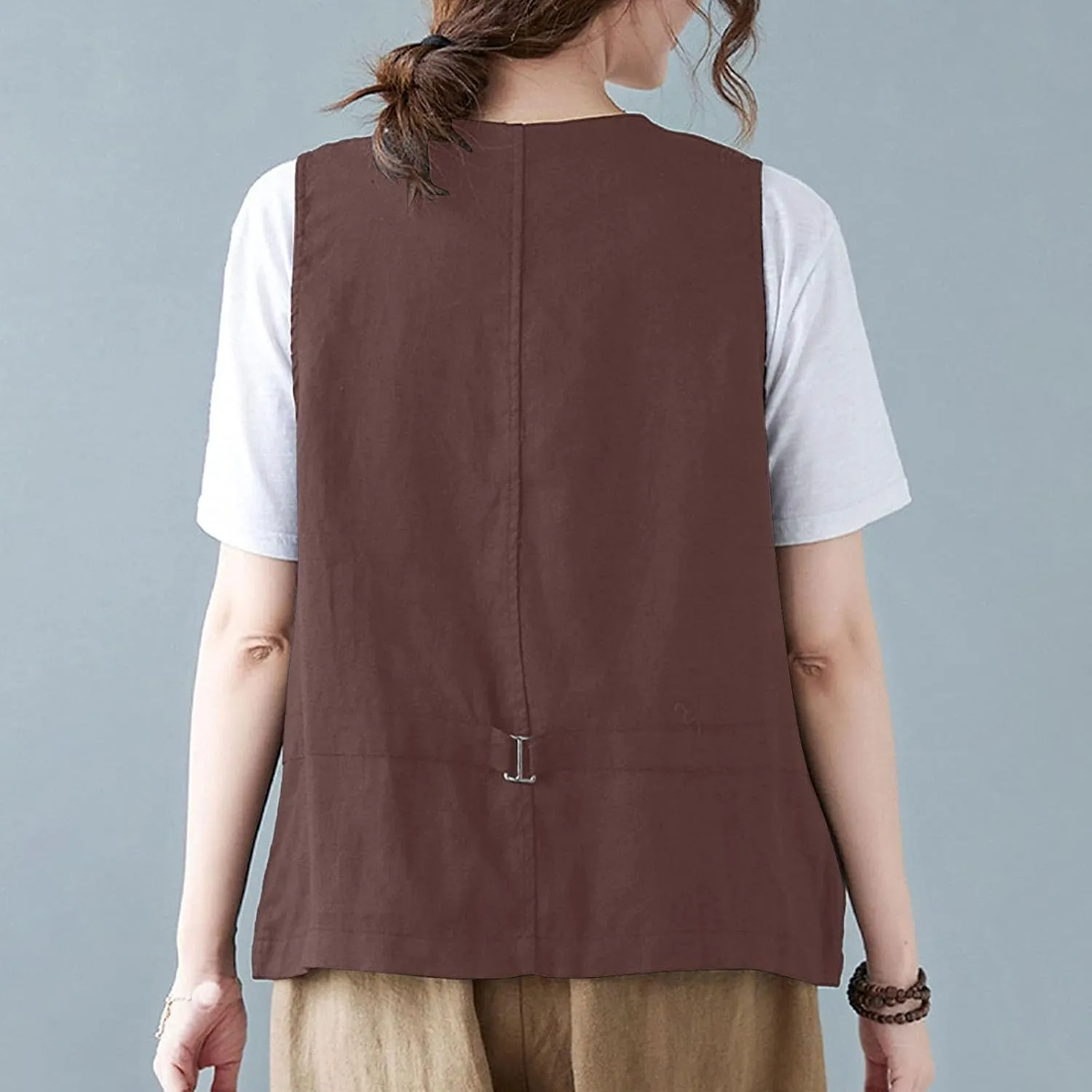 Womens Cotton Linen Vest Casual Loose V Neck Sleeveless Vests With Pockets Summer Clothing