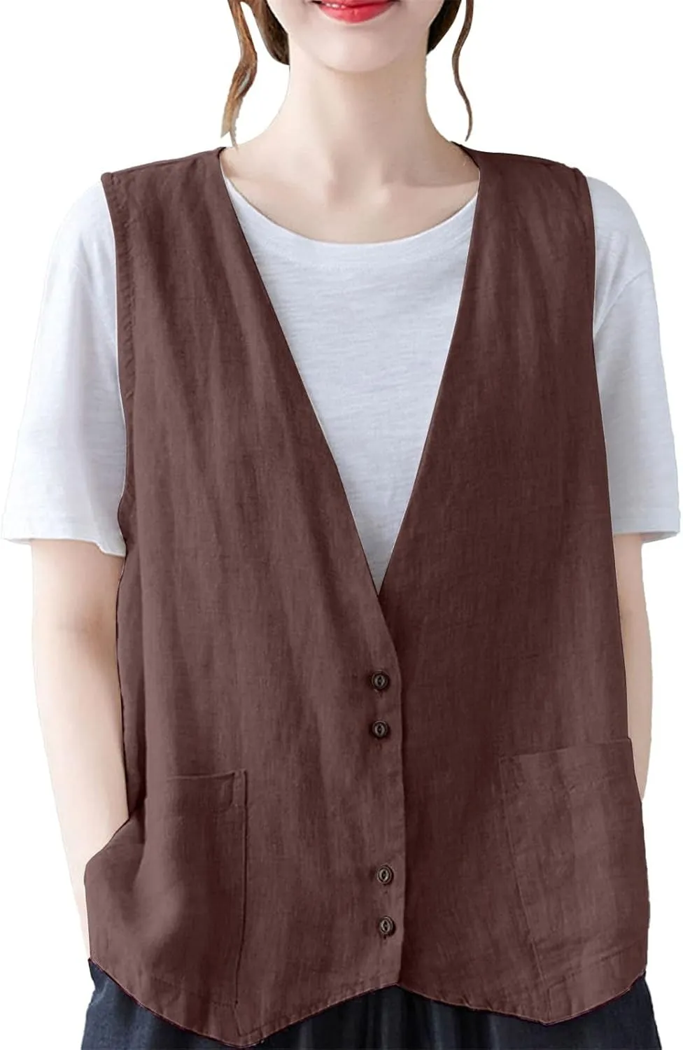 Womens Cotton Linen Vest Casual Loose V Neck Sleeveless Vests With Pockets Summer Clothing